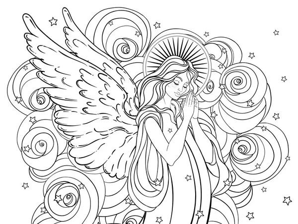 Angel girl with wings, cross, roses and halo. Isolated hand drawn vector illustration. Trendy Vintage style element. — Stock Vector