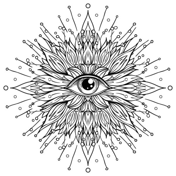 Lotus, oko, posvátná geometrie. Ájurvédský symbol harmonie a rovnováhy a vesmíru. Tvorba tetování, logo jógy. Boho tisk. Antistresová knížka. Izolovaná vektorová ilustrace. — Stockový vektor