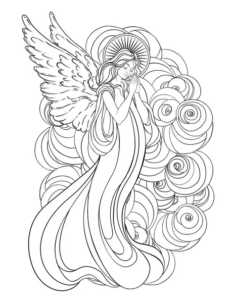 Ängel flicka med vingar, kors, rosor och gloria. Isolerad handritad vektor illustration. Trendig vintage stil element. — Stock vektor