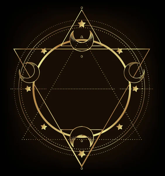 Cornice lunare. Geometria Sacra. Ayurveda simbolo di armonia ed equilibrio, e universo. Disegno della carne del tatuaggio, logo yoga. Stampa Boho, poster, t-shirt tessile. Gradiente d'oro su nero . — Vettoriale Stock