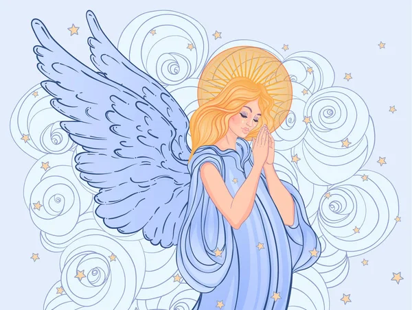 Angel meisje met vleugels, kruis, rozen en aureool. Geïsoleerde hand getekende vector illustratie. Trendy vintage stijl element. — Stockvector