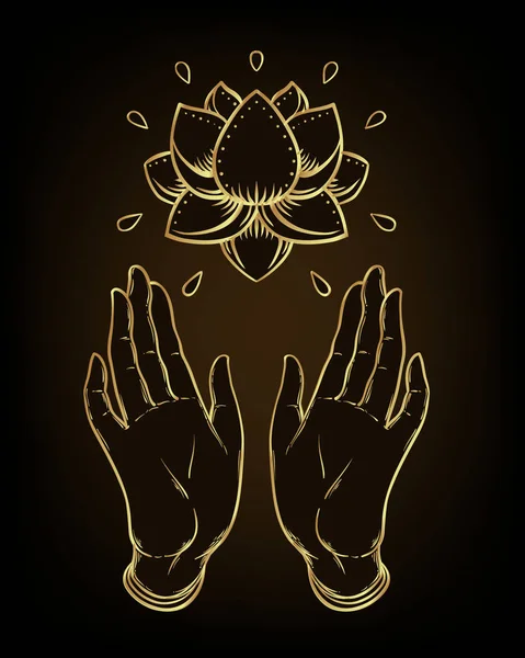 Lord Buddha open hands holding Lotus flower. Isolated vector illustration of Mudra. Hindu motifs. Tattoo, yoga, spirituality, textiles. Gold gradient over black. — Stock Vector