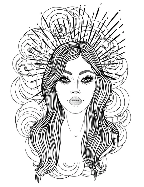 Magic night fairy. Hand drawn portrait of a beautiful shaman girl with angel wings. Alchemy, religion, spirituality, occultism, tattoo art. Isolated vector illustration. — Stock Vector