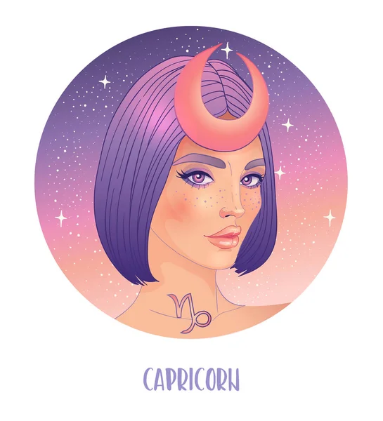 Ilustração de Capricórnio signo astrológico como uma menina bonita. Ilustração do vetor do zodíaco isolado no branco. Contação futura, horóscopo, alquimia — Vetor de Stock