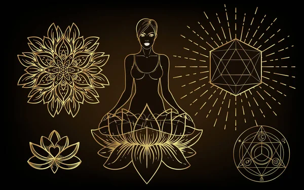 Διάνυσμα διακοσμητικό λουλούδι Lotus, εθνοτική τέχνη, μοτίβο ινδική paisley. Χειροποίητη απεικόνιση απομονωμένη. Πρόσκληση. . Βαθμίδα χρυσού πάνω από μαύρο. — Διανυσματικό Αρχείο