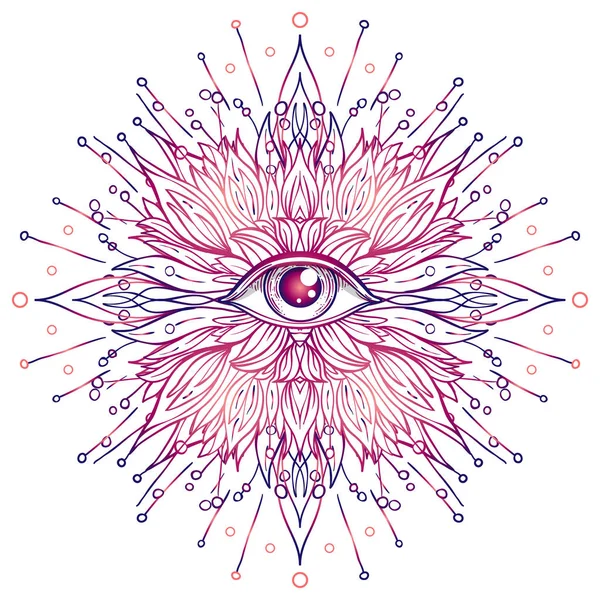 Lotos, Oko, Święta Geometria. Ayurveda symbolem harmonii i równowagi, i wszechświata. Projekt tatuażu, logo jogi. Odcisk buho. Książka antystresowa. Ilustracja izolowanego wektora. — Wektor stockowy