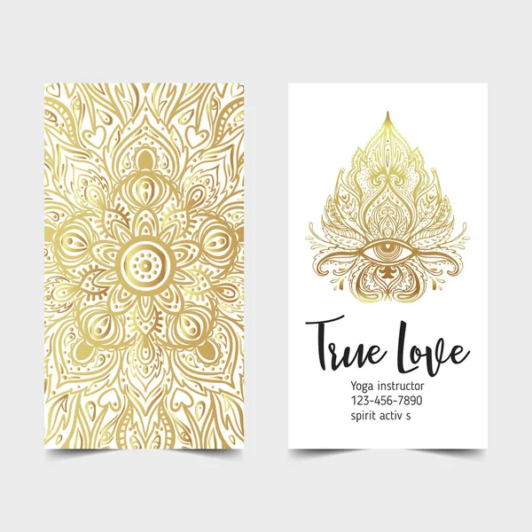 Yoga business card design in gold an black. Template for spiritual retreat or yoga studio. Ornamental business cards. Vector illustration.. — Stock Vector