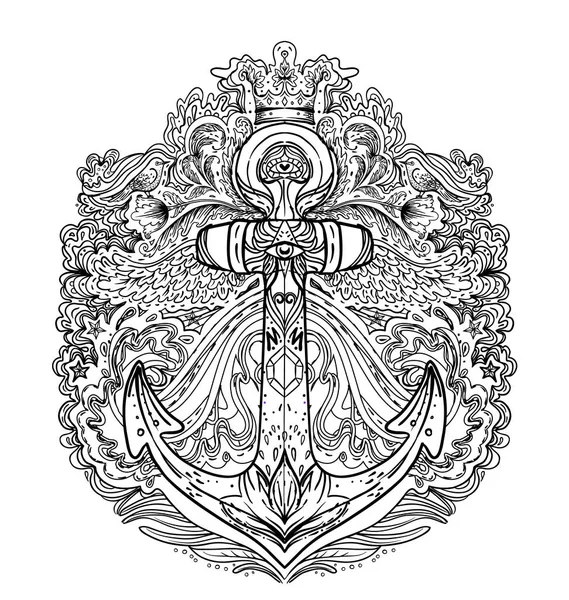 アンカーなどの装飾的な要素を持つ手描きのヴィンテージラベル。孤立したベクトル図。タトゥー、旅行、シンボル. — ストックベクタ