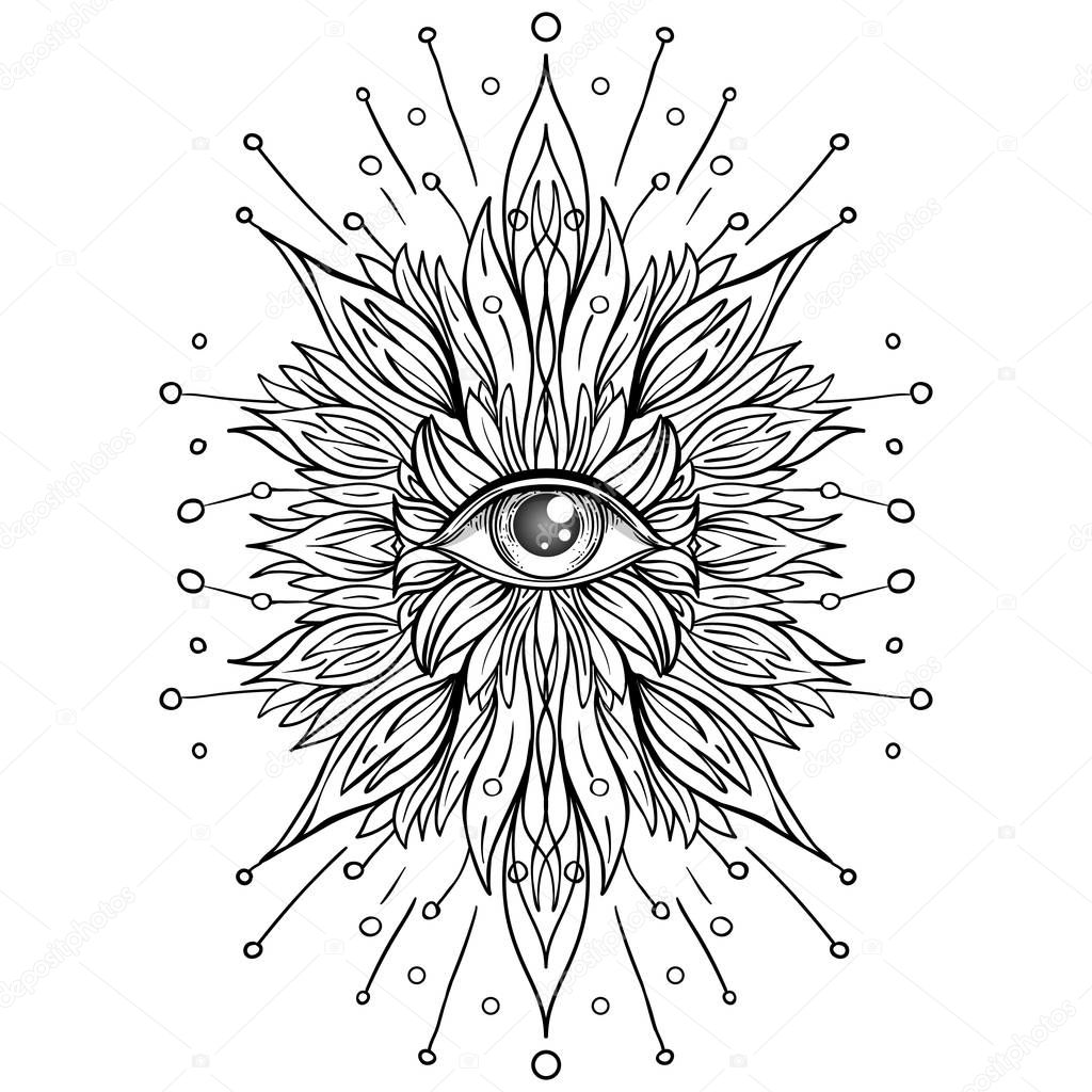 Lotus, Eye, Sacred Geometry. Ayurveda symbol of harmony and balance, and universe. Tattoo flesh design, yoga logo. Boho print. Anti stress book. Isolated vector illustration.