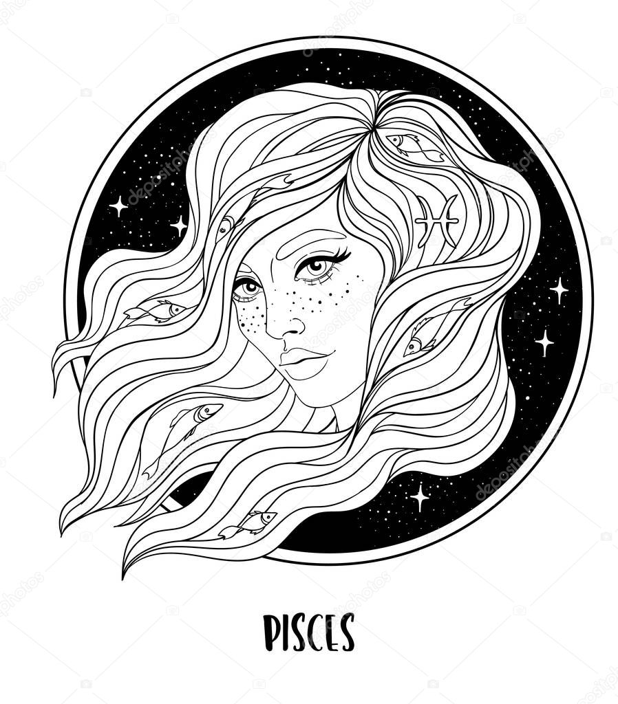 Illustration of Pisces astrological sign as a beautiful girl. Zodiac vector drawing isolated in black and white. Future telling, horoscope. Coloring book for adults.
