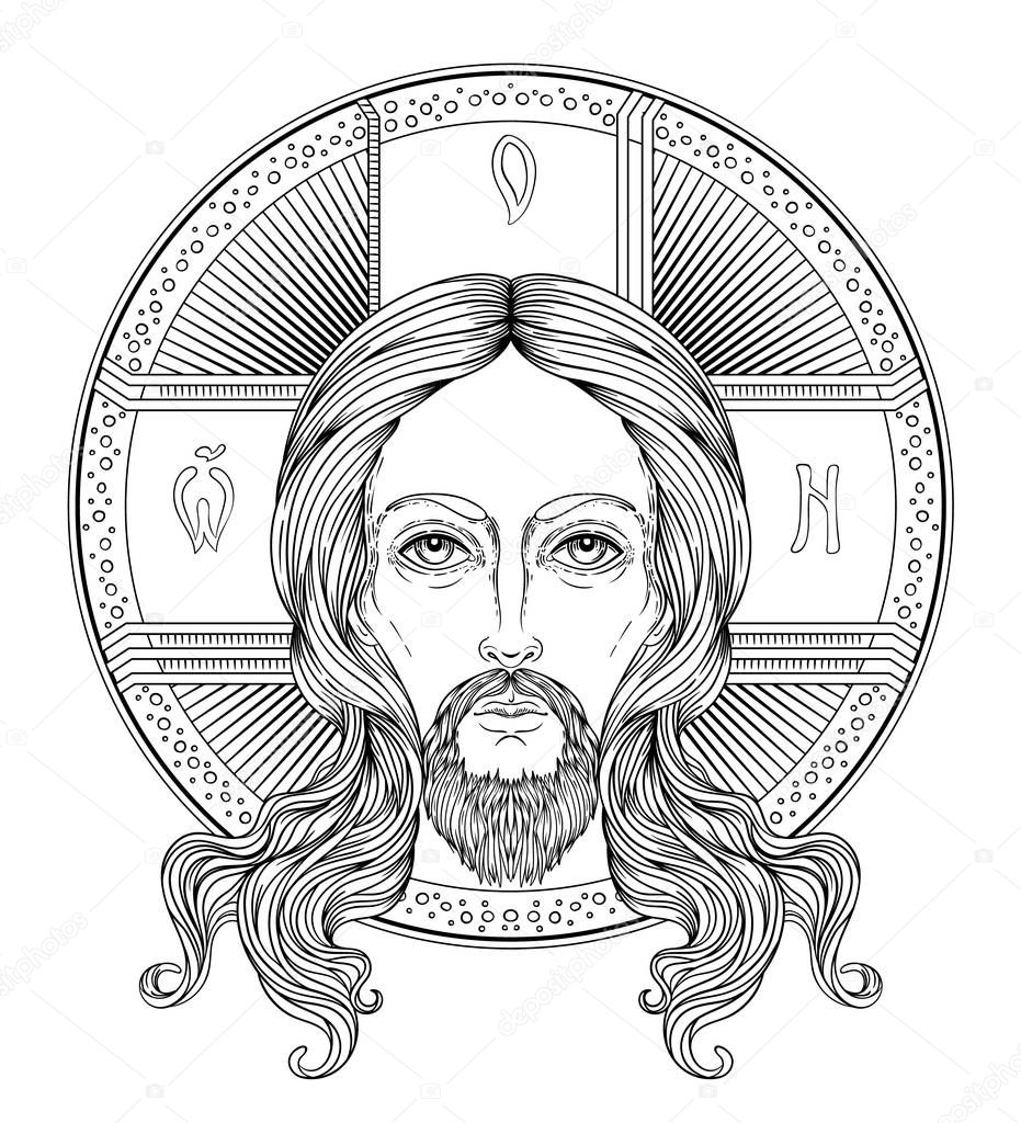 Orthodox Jesus Christ with halo. Beautiful religious art. Bible character. Alchemy, religion, spirituality, occultism, tattoo art. Isolated vector illustration.