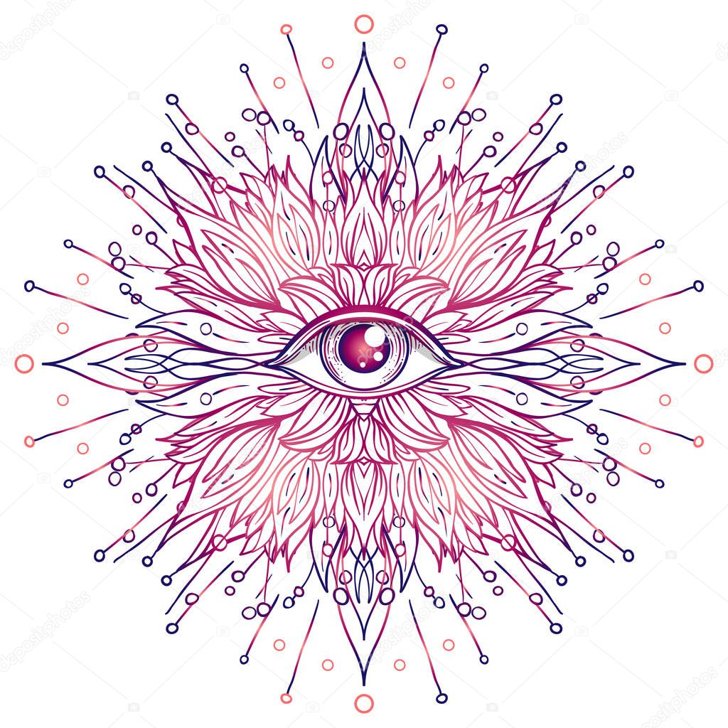 Lotus, Eye, Sacred Geometry. Ayurveda symbol of harmony and balance, and universe. Tattoo flesh design, yoga logo. Boho print. Anti stress book. Isolated vector illustration.