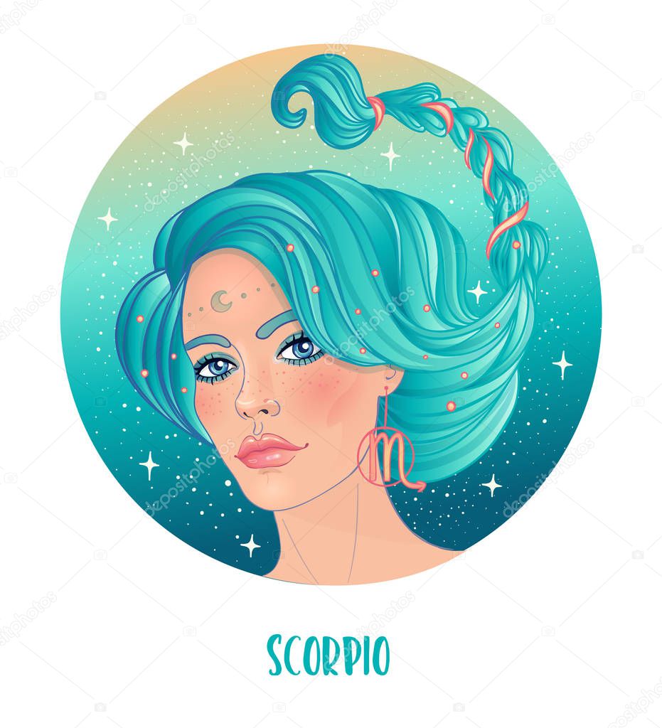 Illustration of Scorpio astrological sign as a beautiful girl. Zodiac vector illustration isolated on white. Future telling, horoscope, alchemy