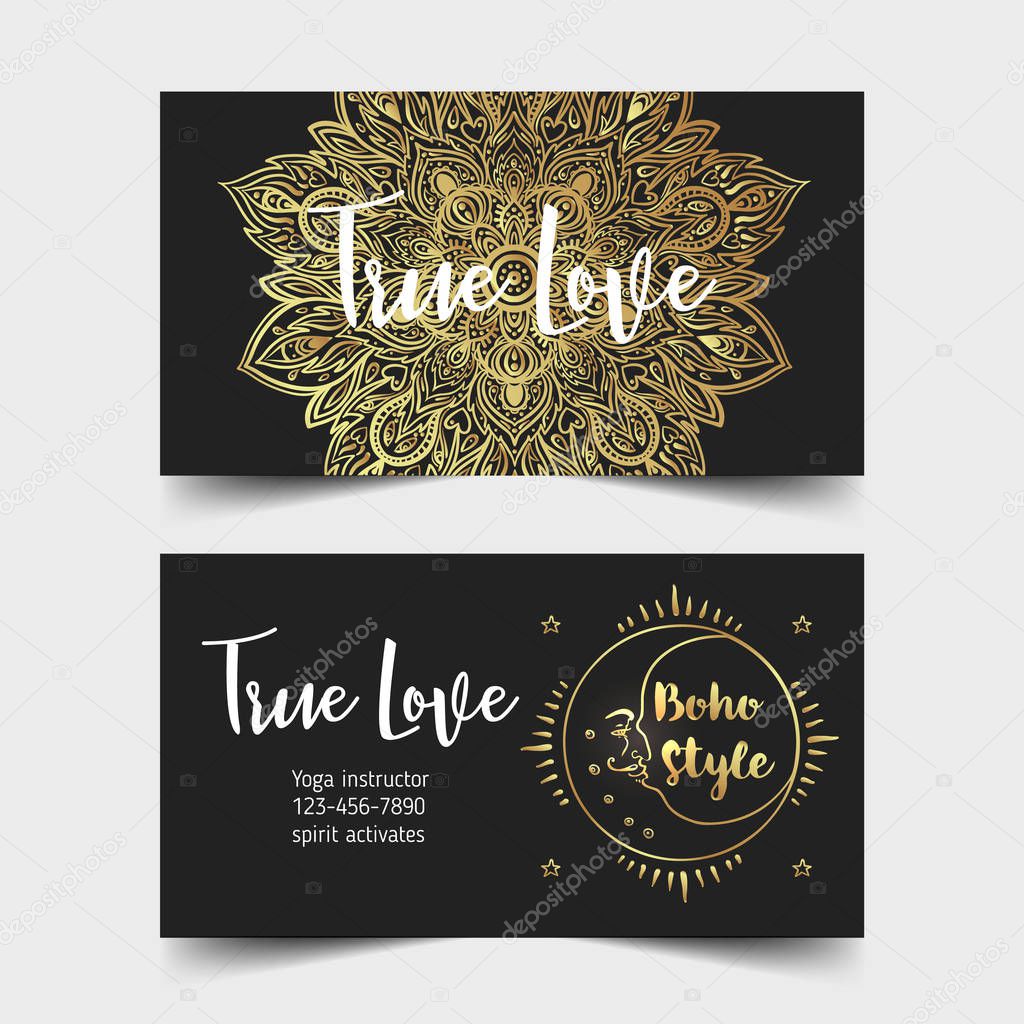 Yoga business card design in gold an black. Template for spiritual retreat or yoga studio. Ornamental business cards, oriental pattern. Vector illustration..