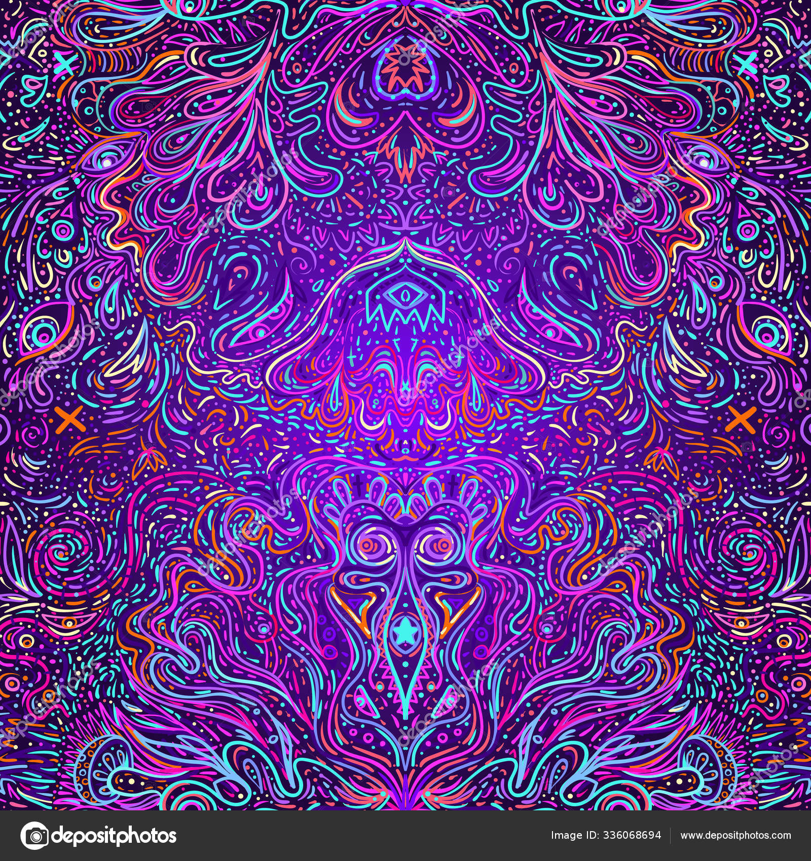 Hypnotic shamanic acid seamless pattern. Hand drawn design in ethnic ...