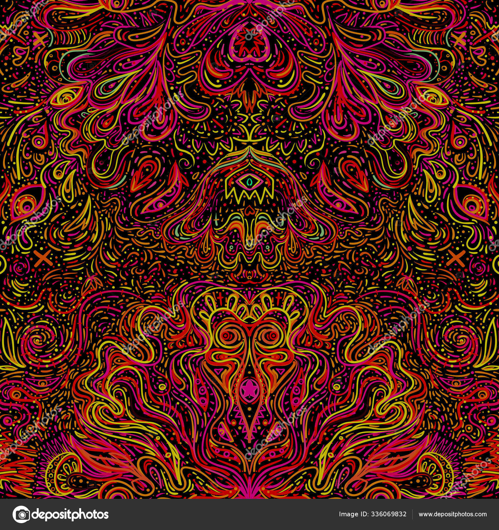 Hypnotic shamanic acid seamless pattern. Hand drawn design in ethnic Indian  style. Mystic abstract background, hippie and boho texture. Stock Vector  Image by ©vgorbash #336069832