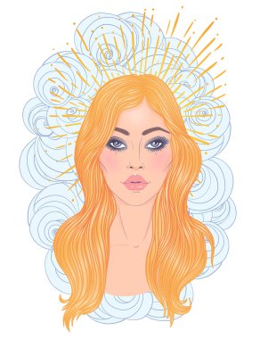 Sihirli gece perisi. Melek kanatlı güzel bir şamanın el çizimi portresi. Simya, din, maneviyat, okültizm, dövme sanatı. İzole vektör illüstrasyonu.