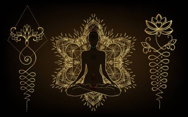 Vektör süslemeli nilüfer çiçeği, etnik sanat, desenli Hint desenli şal deseni. El çizimi illüstrasyon izole. Davetiye. - Evet. Siyah yerine altın gradyanı.