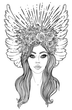 Sihirli gece perisi. Melek kanatlı güzel bir şamanın el çizimi portresi. Simya, din, maneviyat, okültizm, dövme sanatı. İzole vektör illüstrasyonu.