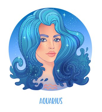 Kova burcunun güzel bir kız olarak resmedilmiş hali. Zodiac vektör çizimi beyaza izole edildi. Gelecek anlatımı, yıldız falı, simya