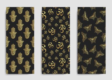 Yoga kartvizit tasarımı altın, siyah. Ruhani inziva ya da yoga stüdyosu için şablon. Süslü kartvizitler. Vektör illüstrasyonu..