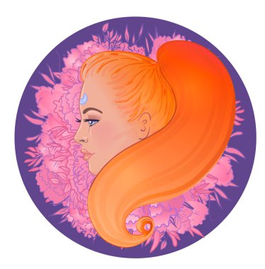 At kuyruklu ve şakayıklı kızıl saçlı genç bir kızın profili. El çizimi vektör tasviri çizimleri beyaz üzerine izole edilmiş.