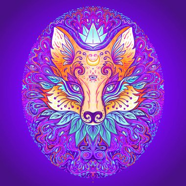Psikedelik desenli şirin tilki suratı. Hayvan severler için karakter dövmesi tasarımı, baskı için sanat eseri, tekstil. Ayrıntılı vektör illüstrasyonu.