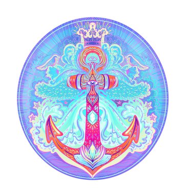 Çapa ve diğer dekoratif unsurlarla el yapımı vintage etiket. İzole vektör çizimi. Dövme, seyahat, sembol.