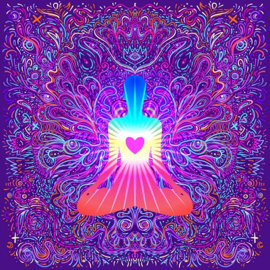 Çakra konsepti. İç sevgi, ışık ve huzur. Siluet Lotus pozisyonunda süslü mandala üzerinde. Vektör çizimi. Etnik Hint tarzında elle çizilmiş tasarım.