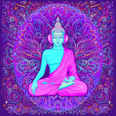 Renkli neon arka planda oturan Buda. Vektör çizimi. Psikedelik mantar bileşimi. Hint, Budizm, Ruhani Dövme, yoga, maneviyat.