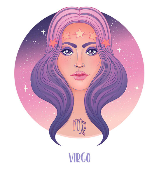 Illustration of Virgo astrological sign as a beautiful girl. Zodiac vector illustration isolated on white. Future telling, horoscope, alchemy