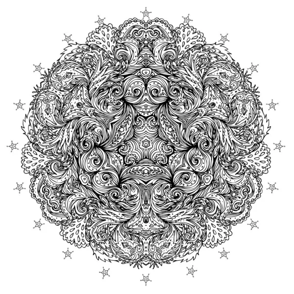 Mandala ornamental vectorial inspirado en el arte étnico, paisley indio con dibujos. Ilustración hecha a mano. Elemento de invitación. Tatuaje, astrología, alquimia, símbolo boho . — Vector de stock