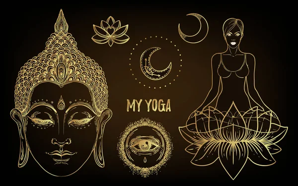 Concept de chakra cardiaque. Amour intérieur, lumière et paix. Silhouette en position lotus et visage de Bouddha. Illustration vectorielle isolée  . — Image vectorielle