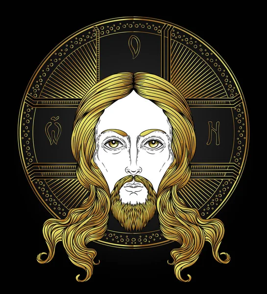 Jesus Cristo Ortodoxo com halo. Bela arte religiosa. Personagem bíblico. Ilustração vetorial isolada . — Vetor de Stock