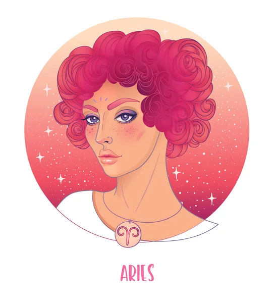 Ilustrace Aries astrologické znamení jako krásná dívka. Zvěrokruhová vektorová ilustrace izolovaná na bílém pozadí. Budoucí vyprávění, horoskop, alchymie, — Stockový vektor