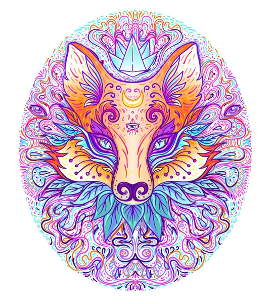 Cara de raposa bonito sobre padrão psicodélico ornamentado. Design de tatuagem de personagem para amantes de animais de estimação, obras de arte para impressão, têxteis. Ilustração vetorial detalhada . — Vetor de Stock