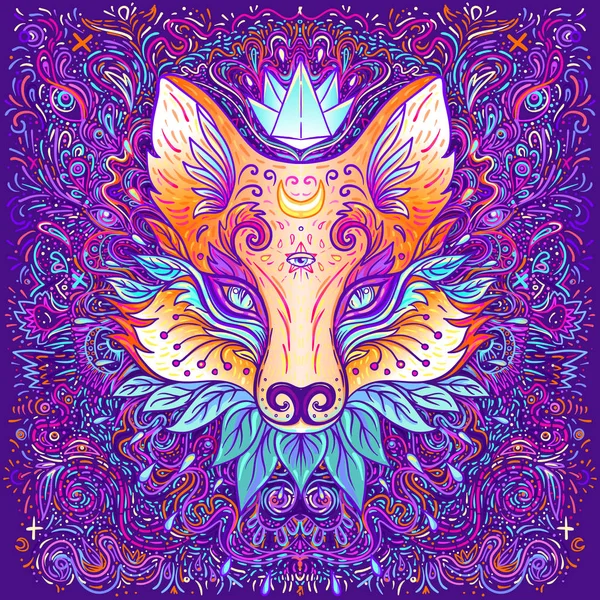 Psikedelik desenli şirin tilki suratı. Hayvan severler için karakter dövmesi tasarımı, baskı için sanat eseri, tekstil. Ayrıntılı vektör illüstrasyonu.