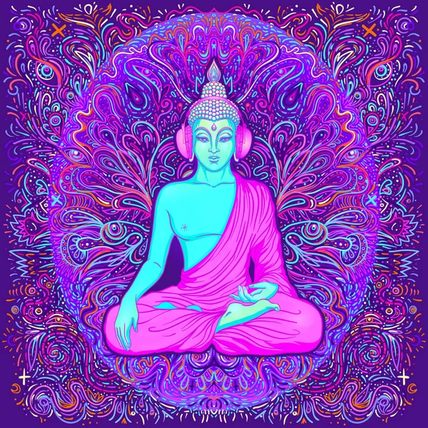 Bouddha assis sur fond néon coloré. Illustration vectorielle. Composition psychédélique des champignons. Indien, Bouddhisme, Tatouage spirituel, yoga, spiritualité. — Image vectorielle