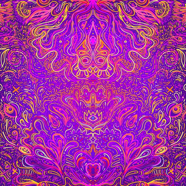 Hypnotische shamanic acid naadloos patroon. Handgetekend ontwerp in etnische Indiase stijl. Mystieke abstracte achtergrond — Stockvector