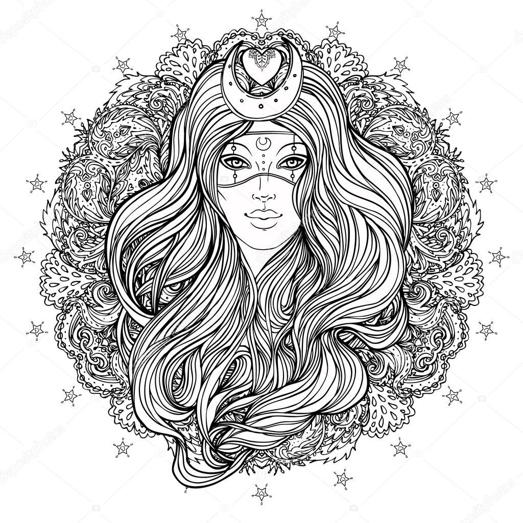 Moon princess. Tribal Fusion Boho Diva. Beautiful divine girl with crescent tiara and venetian mask. Hand drawn elegant illustration.