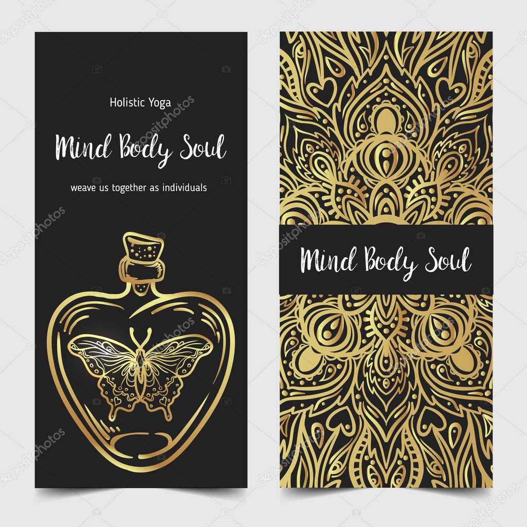 Yoga business card design in gold an black. Template for spiritual retreat or yoga studio. Ornamental business cards, oriental pattern. Vector illustration..