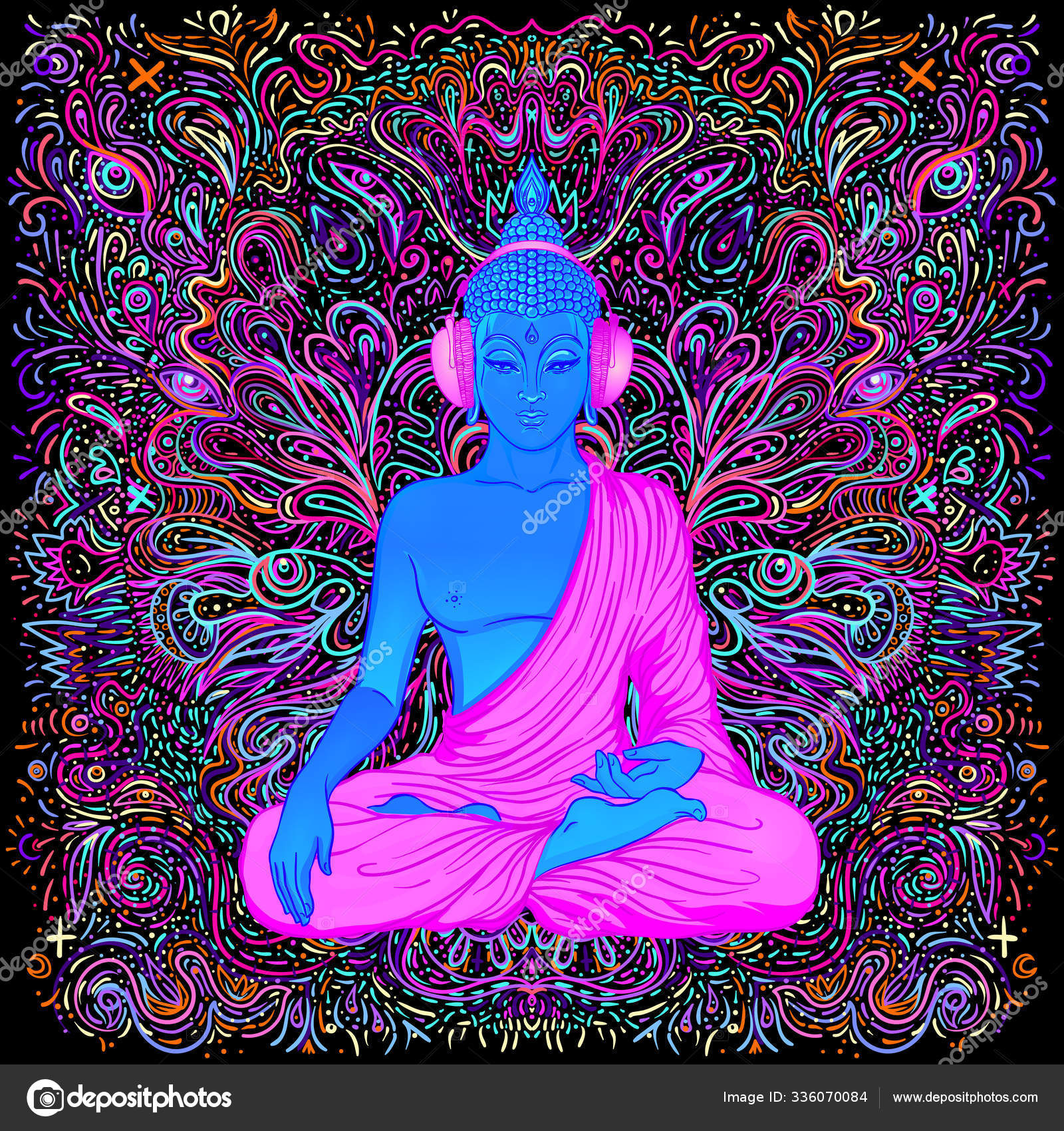Sitting Buddha Over Colorful Neon Background Vector Illustration Psychedelic Mushroom Composition Indian Buddhism Spiritual Tattoo Yoga Spirituality Stock Vector Image By C Vgorbash 336070084