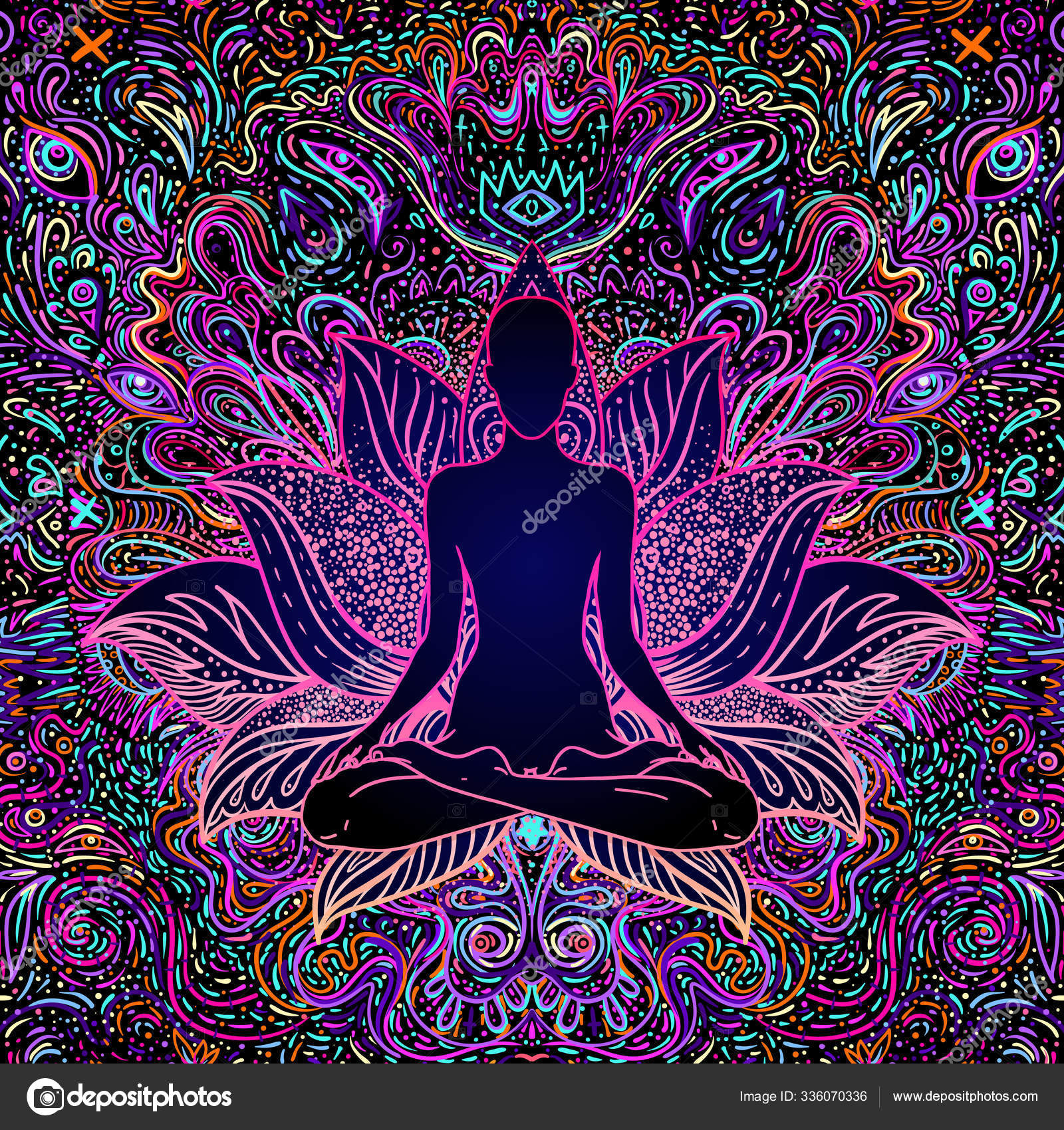 Sitting Buddha Over Colorful Neon Background Vector Illustration Psychedelic Mushroom Composition Indian Buddhism Spiritual Tattoo Yoga Spirituality Stock Vector Image By C Vgorbash 336070336