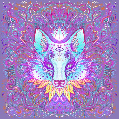Psikedelik desenli şirin tilki suratı. Hayvan severler için karakter dövmesi tasarımı, baskı için sanat eseri, tekstil. Ayrıntılı vektör illüstrasyonu.