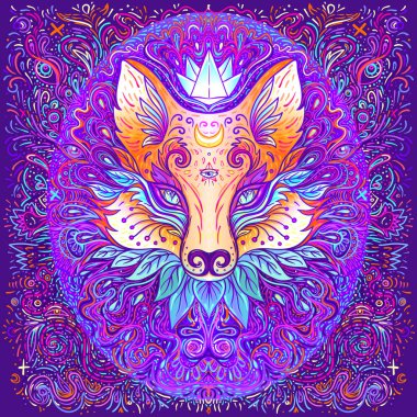 Psikedelik desenli şirin tilki suratı. Hayvan severler için karakter dövmesi tasarımı, baskı için sanat eseri, tekstil. Ayrıntılı vektör illüstrasyonu.