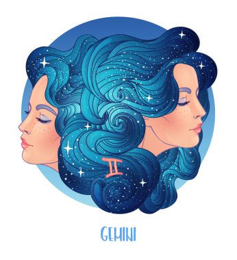 İkizler burcunun iki güzel kız olarak resmedilmiş hali. Zodiac vektör çizimi beyaza izole edildi. Gelecek anlatımı, yıldız falı, simya