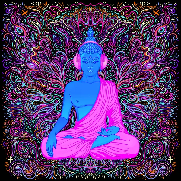 Sitter Buddha över färgglada neon bakgrund. Vektorillustration. Psykedelisk svampsammansättning. Indiska, buddhism, Andlig tatuering, yoga, andlighet. — Stock vektor