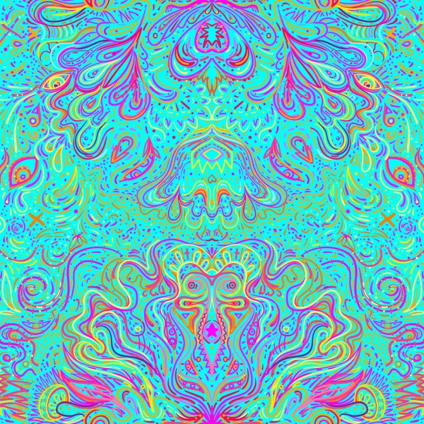 Hypnotische shamanic acid naadloos patroon. Handgetekend ontwerp in etnische Indiase stijl. Mystieke abstracte achtergrond — Stockvector