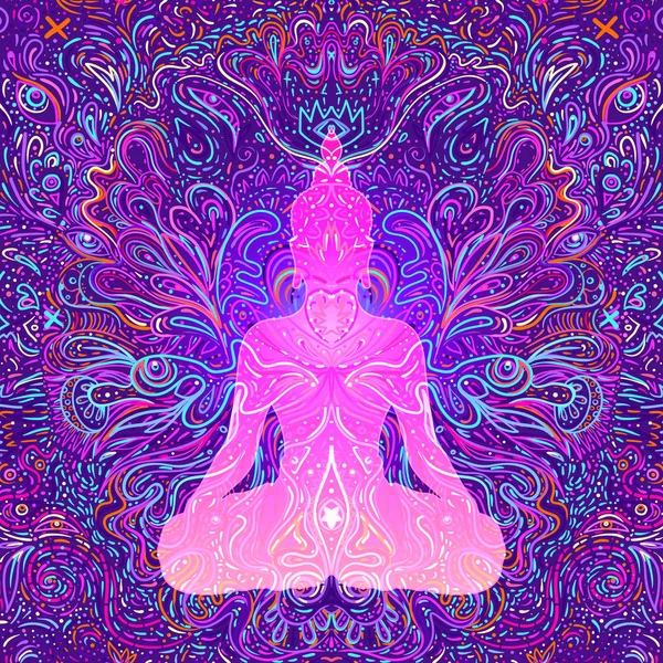 Buddha seduto su sfondo colorato al neon. Illustrazione vettoriale. Composizione psichedelica dei funghi. Indiano, Buddismo, Tatuaggio spirituale, yoga, spiritualità. — Vettoriale Stock