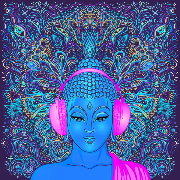 Ülő Buddha felett színes neon háttér. Vektor illusztráció. Pszichedelikus gomba kompozíció. indiai, buddhizmus, spirituális tetoválás, jóga, spiritualitás. — Stock Vector